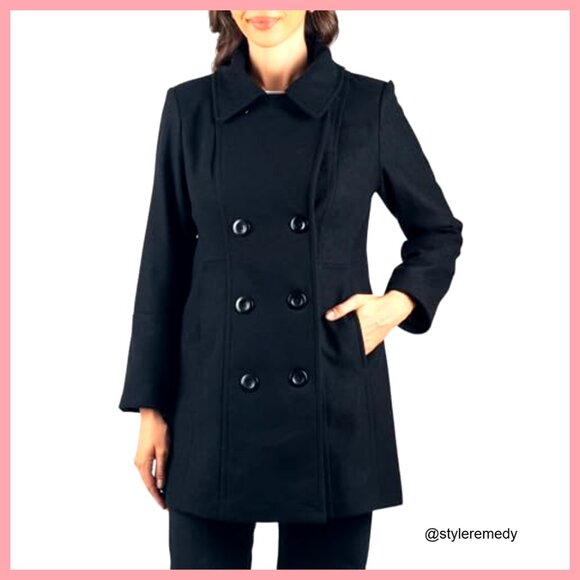 Wool Blend Peacoat Double Breasted Winter Coat A-Line Jacket - Picture 2 of 7